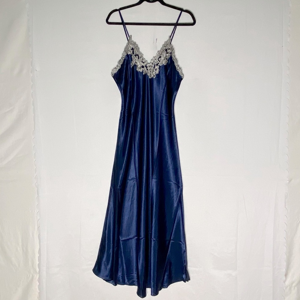 Vintage Blue Satin Maxi Length Lingerie Slip Dress W Lace Appliqué Décolleté L